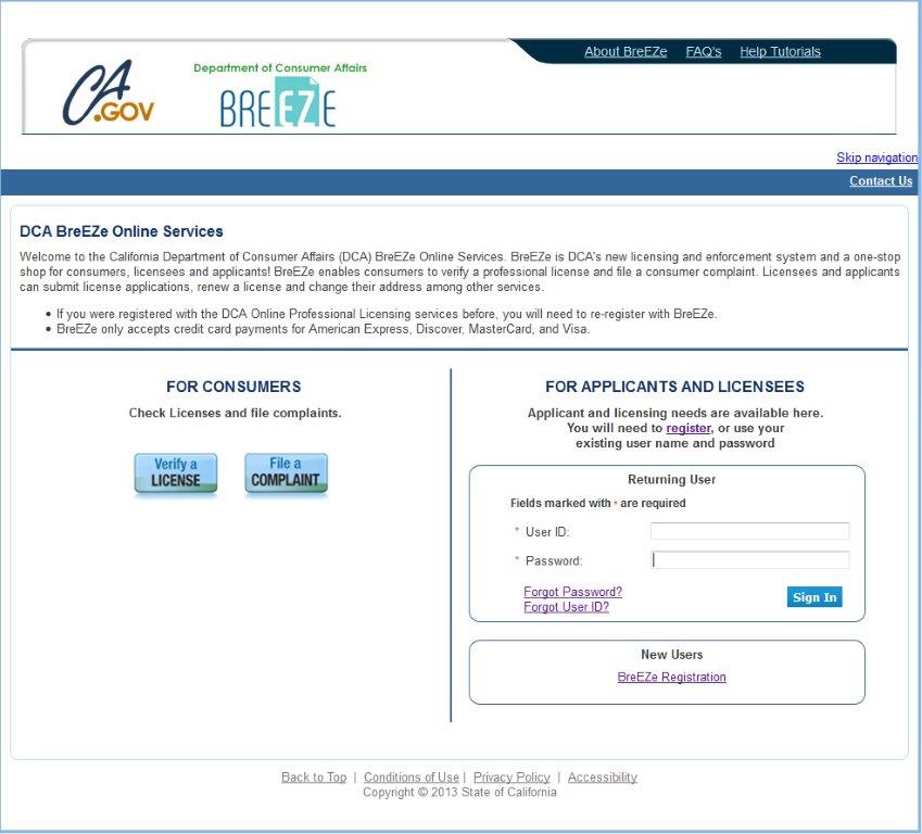 DCA's BreEZe Online Services' welcome screen